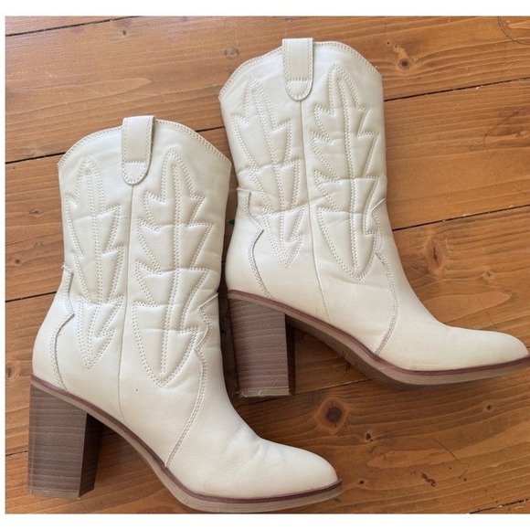MIA Shoes - MIA Womens Off White Western Cowgirl Boots Block Heel Mid Calf Pointed Toe Ivory